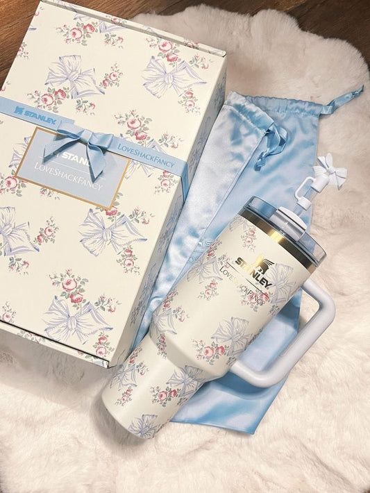The Stanley X LoveShackFancy Holiday Quencher |40 Oz| Rosa Beaux Blue(Premium Quality Gift Box Dust Bag included)