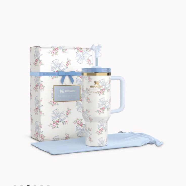 The Stanley X LoveShackFancy Holiday Quencher |40 Oz| Rosa Beaux Blue(Premium Quality Gift Box Dust Bag included)