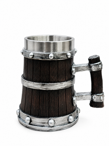 Rustic Viking Beer Mug with Stainless Steel Liner – 500ml Black Wood-Grain Tankard