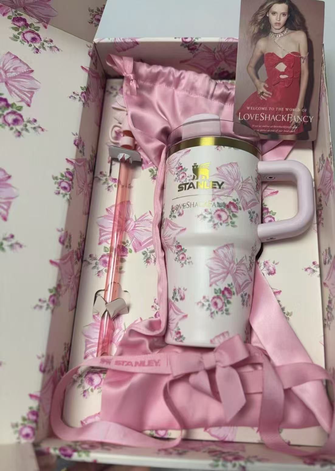 The Stanley X LoveShackFancy Holiday Quencher |20 Oz| Rosa Beaux Pink(imported fancy packaging with velvet dust bag)