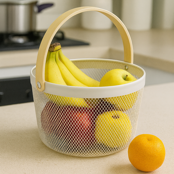 Fruit Mesh Basket Round With Wooden Handle