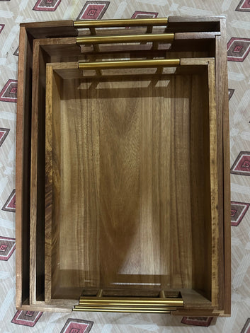 Wooden Bamboo Serving Tray With  Golden handles
3 pc set