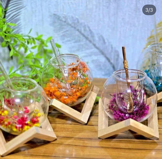 COCKTAIL GLASS CUP WITH WOOD STAND – ROUND BALL TUMBLER BAR GLASSWARE