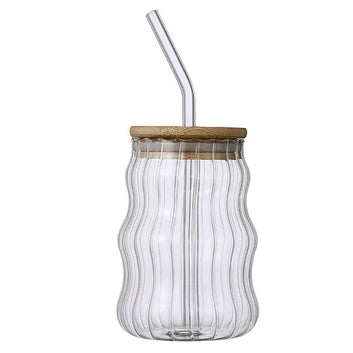 350ML Ripple Shaped Vintage Borosilicate Glass with Wooden Lid and Glass Straw (Floret)
