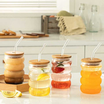 Ribbed & Round Glass Sipper with Glass Straw, Tumbler Can Lid ...