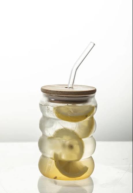 Ribbed & Round Glass Sipper with Glass Straw, Tumbler Can Lid ...